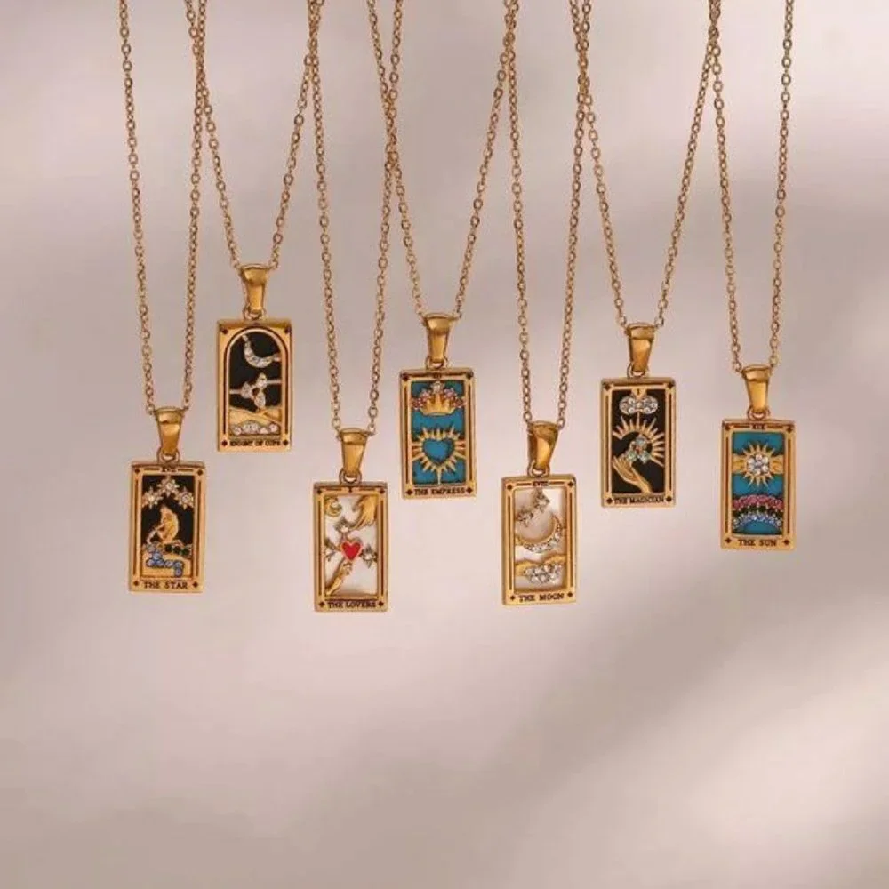 Sun Tarot Card Pendant Necklace 18K Gold Enamel Rectangle Stainless Steel - Picture 5 of 9